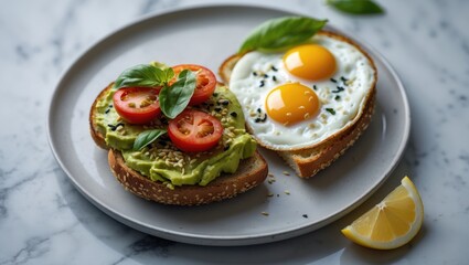 Balanced brunch plate featuring rye bread, eggs, and vegetables with a view of gourmet and vegetarian options