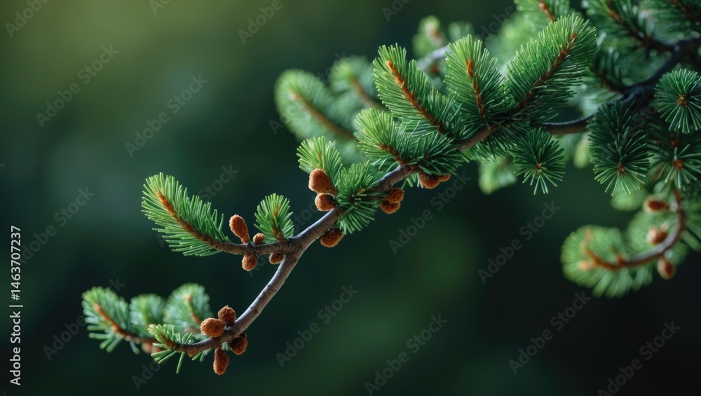 Poster young spruce tree branches. blooming spruce. spruce during spring. close-up view. selective focus. c