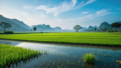 Nature view showcasing huge hills, vibrant blue sky, lush green plants, cloudy atmosphere, and small growing trees.
