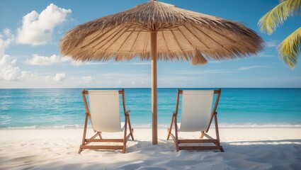 Relaxing beach setting with a parasol and two chairs by the sea, surrounded by sand and sky