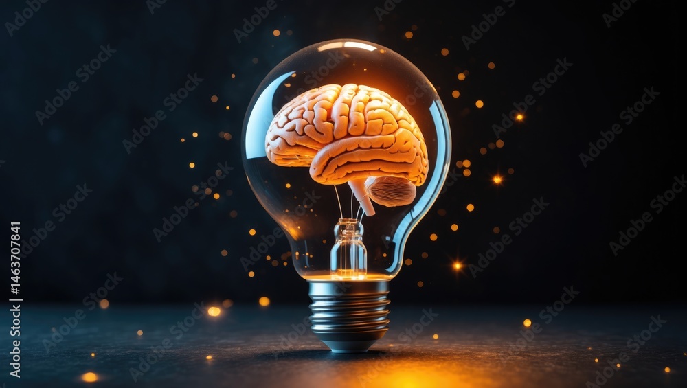 Poster Illuminated brain inside a lamp bulb atop a table signifying creative thinking