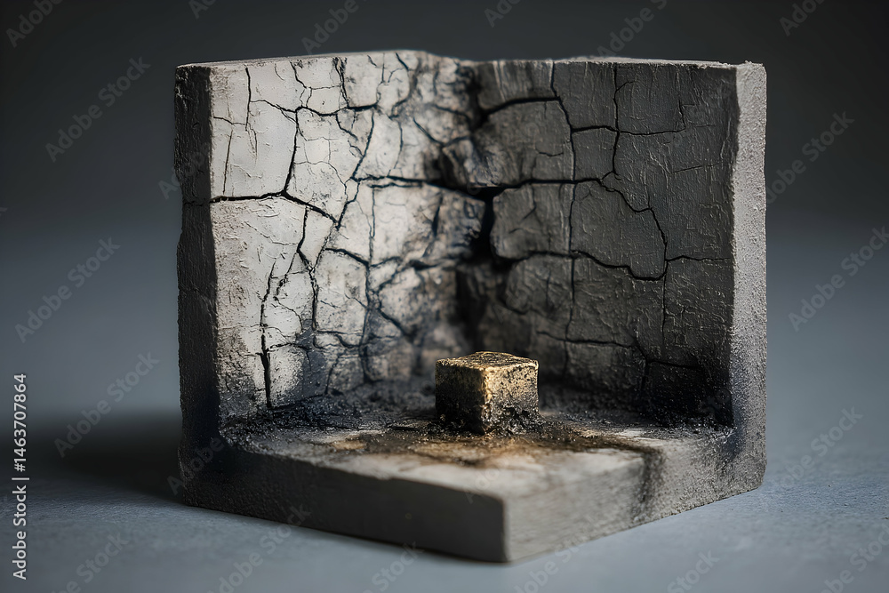 Poster a miniature, textured concrete structure displaying cracks and a small, golden object.