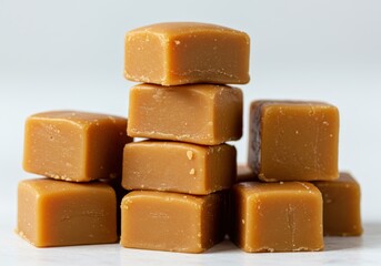 Stack of caramel candies on a white surface, a sweet treat for dessert or snack