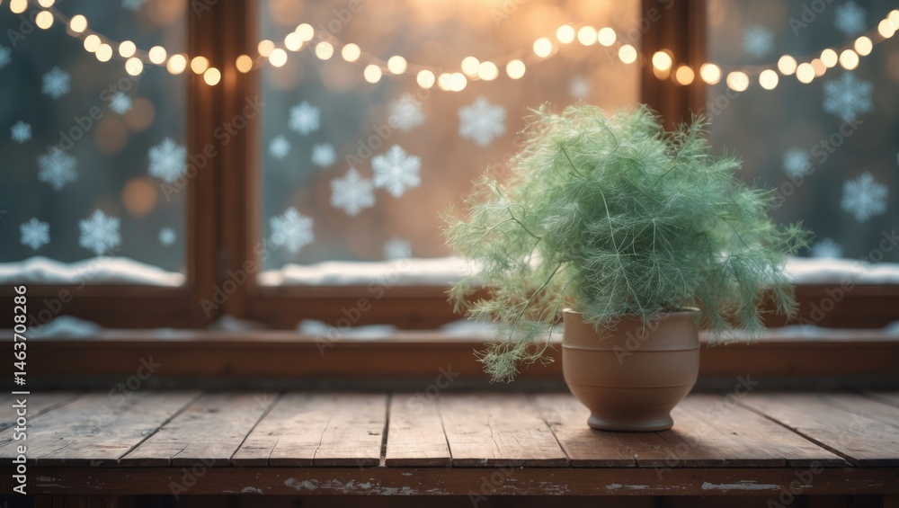 Poster blurred festive winter setting featuring a table in the foreground