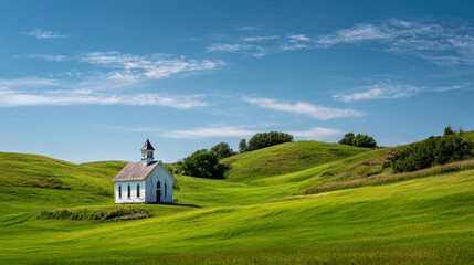 White church building in green field landscape under blue sky rural scenic view stock photo image download