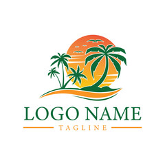 Fototapeta premium Tropical beach island logo with palm trees and sunset for travel, tourism, summer resort, or vacation brand identity