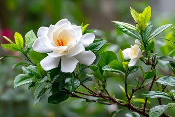 Beautiful white gardenia blossom blooming in spring garden