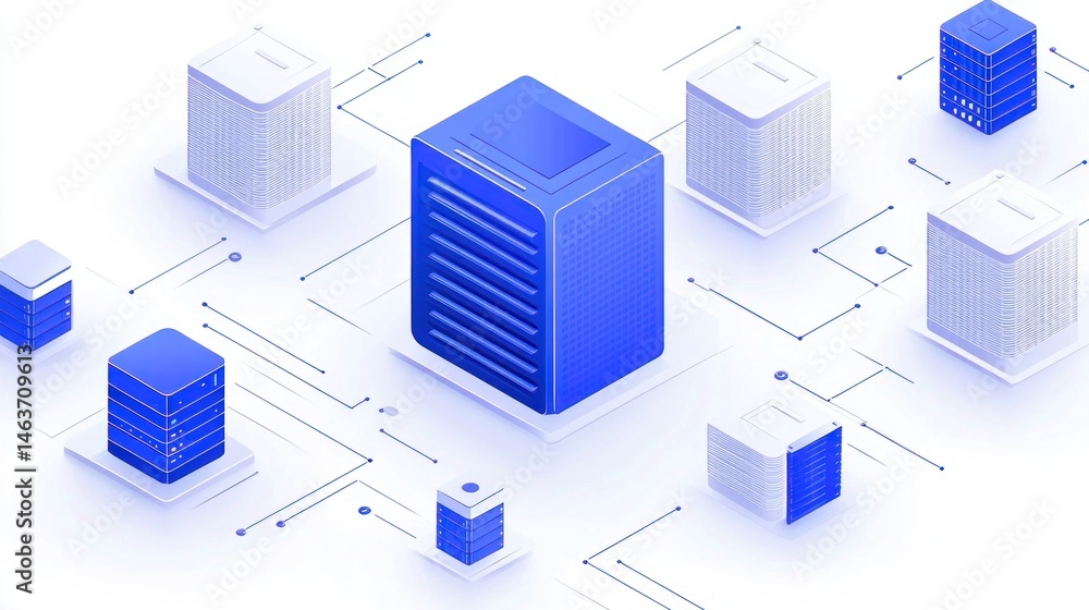 Poster isometric network data servers interconnected system illustration