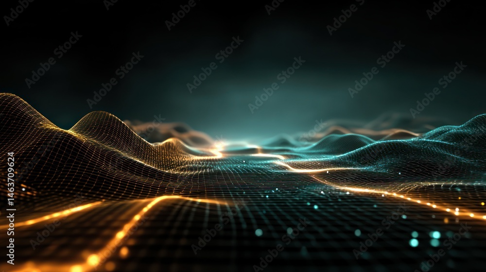 Poster abstract digital landscape with glowing neon lines and wave patterns