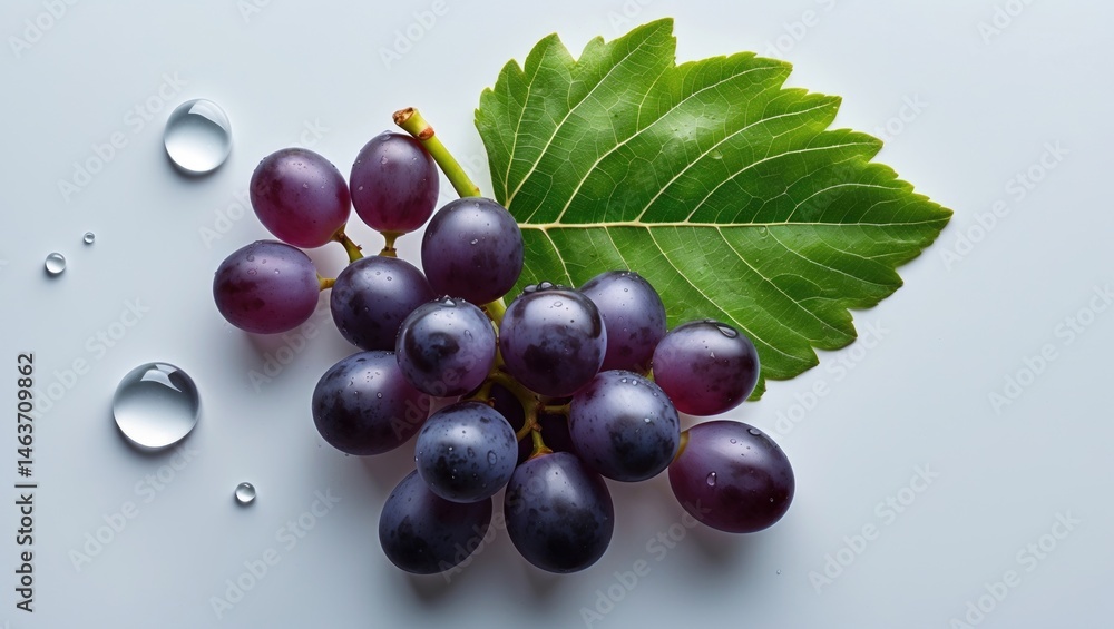 Poster top view of water-dropped grape cluster and leaf, isolated on background