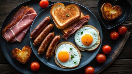 Savory morning meal with Bratwurst Eggs Toast, hashbrowns, pancakes, bacon, pastrami, fried eggs, and cheese served on a dark wooden table