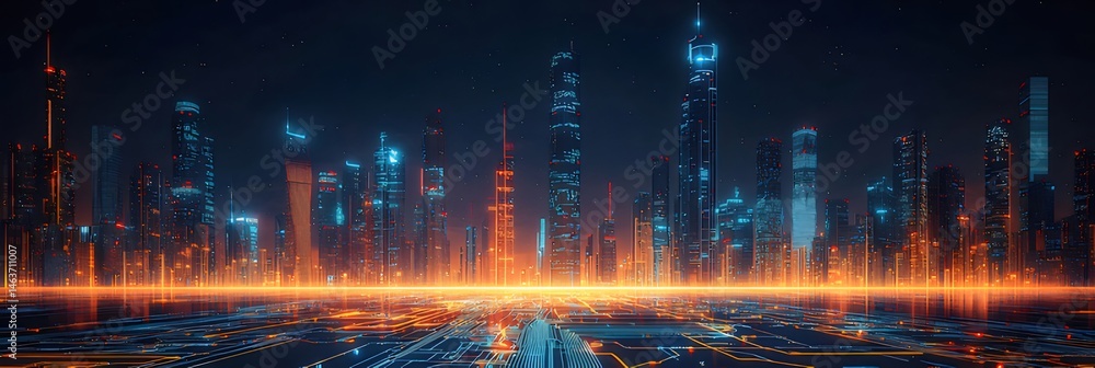 Poster 抽象的な都市景観 夜のスカイライン 青とオレンジの光 高層ビル テクノロジーと建築 デザインされた背景と幾何学的なパターン 未来的な雰囲気