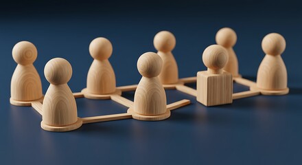 Obraz premium Wooden Figurines Connected in a Network, One Figure is Square on a Blue Background