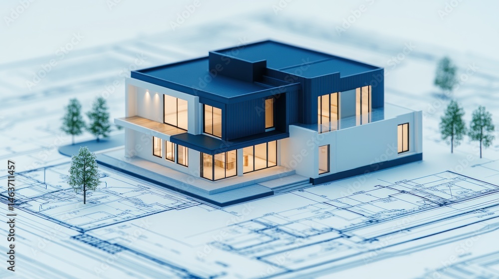 Poster modern house architectural model on blueprint 3 d rendering