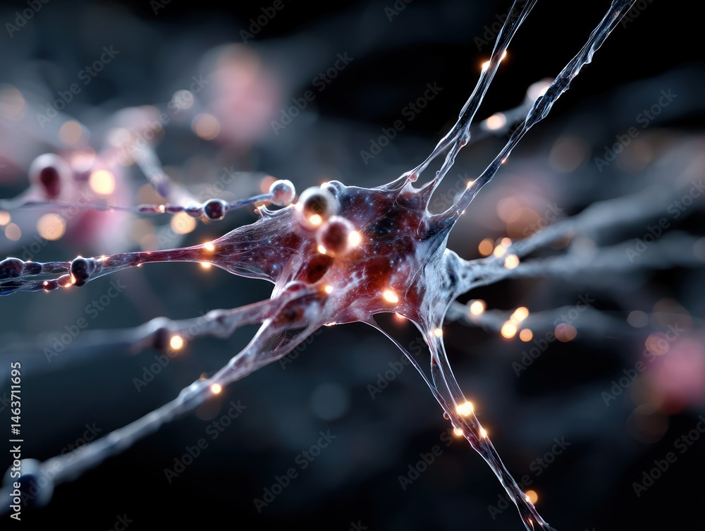 Aufkleber close up of a neuron with glowing synapses in dark background
