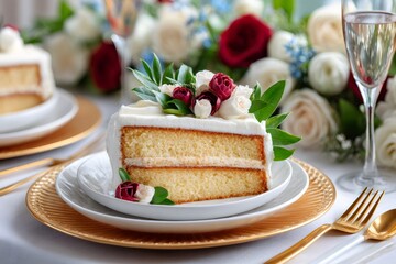 Slice of wedding cake decorated with flowers sitting on a plate