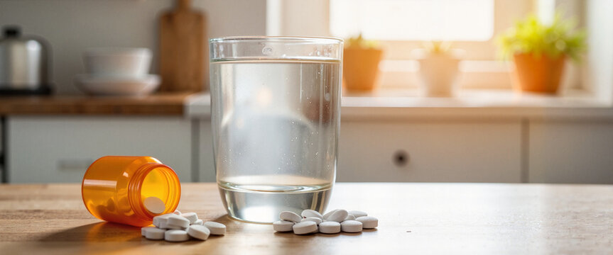 Calm moment with water and antacid tablets on wooden table, relief concept