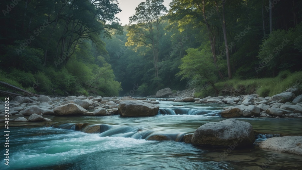 Poster Tranquil crystal clear river winding through rocks in a dense forest, surrounded by lofty trees and sunlight filtering through