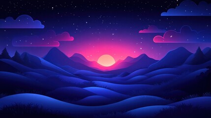 Obraz premium Night mountainscape, pink sunset, starry sky, calm landscape, wallpaper