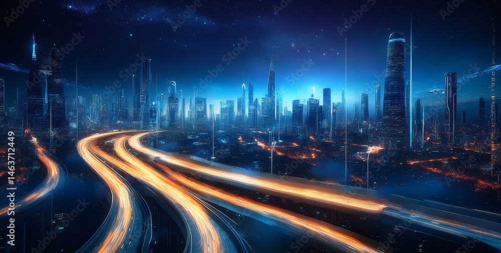 Poster ライトストリークが輝く未来的な都市景観 夜空に輝く高層ビルと高速道路の抽象的な光跡