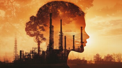 Human profile and industrial pollution at sunset environmental concept image