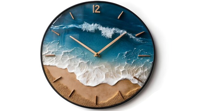 Ocean Waves Clock, Beach Theme, Resin Art, Coastal Decor, Unique Timepiece, Blue and Sand Tones, Artistic Design, Handmade Look, Wall Clock, Nautical Inspired beautiful clock on sea seen 