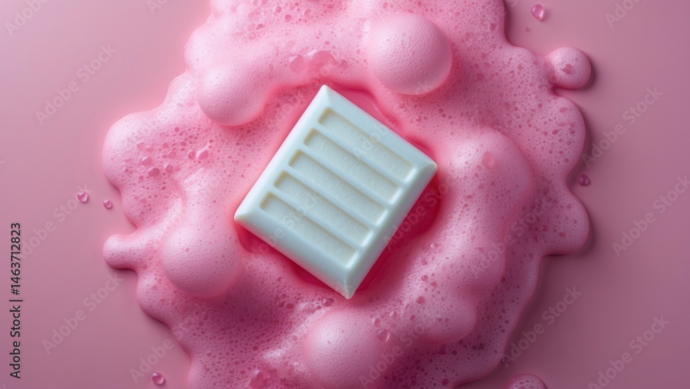 Poster flat lay of white soap bar with foam on a plain background