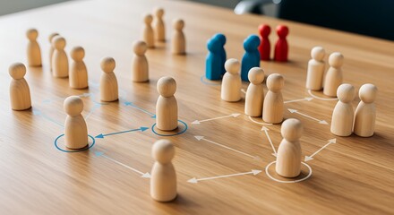 Wooden Figures Illustrating Teamwork, Connection, and Communication on a Wooden Surface