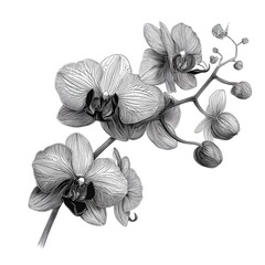 Elegant Orchid Branch: A delicate and graceful black and white illustration of an orchid branch, capturing the intricate details of its petals and buds. The image is perfect for floral arrangements.