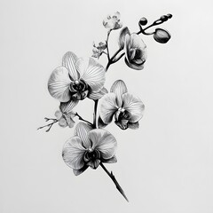 Orchid Elegance: A captivating black and white illustration of an elegant orchid with intricate details, showcasing its delicate petals and graceful stem in a minimalist composition. 