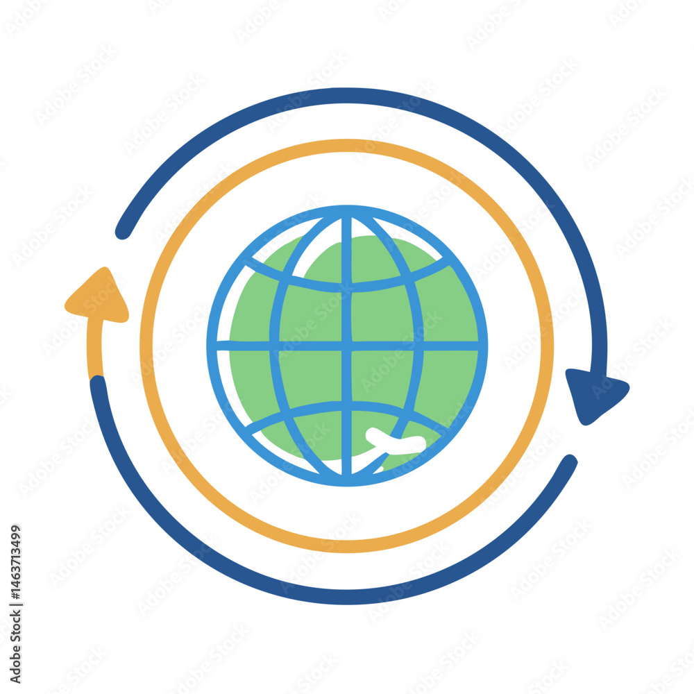 Poster rotating globe icon representing global migration and worldwide movement