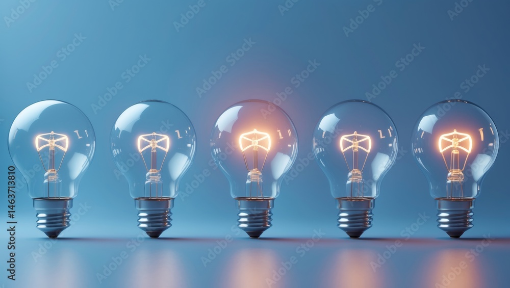 Poster a set of five bulbs on a blue backdrop, highlighting one illuminated bulb symbolizing creativity.