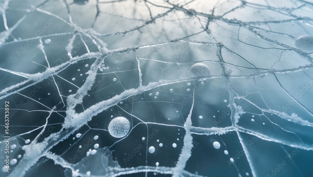 Poster frozen ice surface featuring a network of cracks and trapped air bubbles