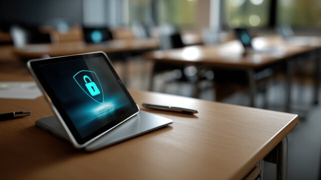 A tablet with a cybersecurity lock icon on the screen sits on a desk in a modern, empty classroom.