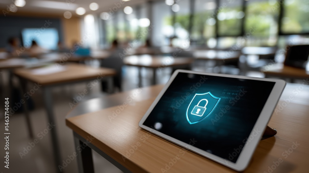 Poster a tablet displaying a digital security lock icon sits on a desk in a bright, modern classroom or off