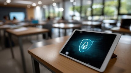 A tablet displaying a digital security lock icon sits on a desk in a bright, modern classroom or office with blurred background.