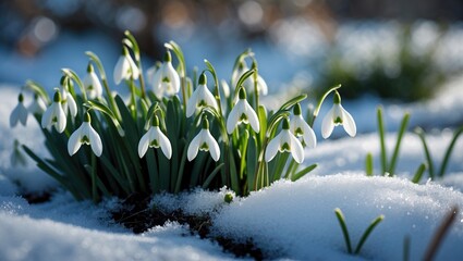 A bush of early flowers with snowdrops among the snow and a floral background