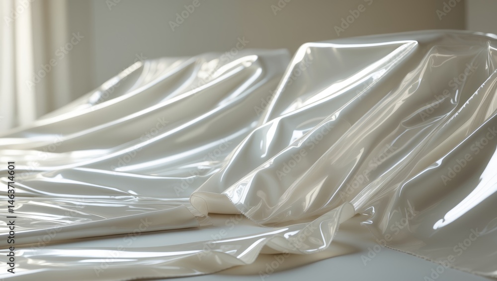 Aufkleber set of three photos displaying white fabric with a metallic gloss, cut into parts and aligned in a r