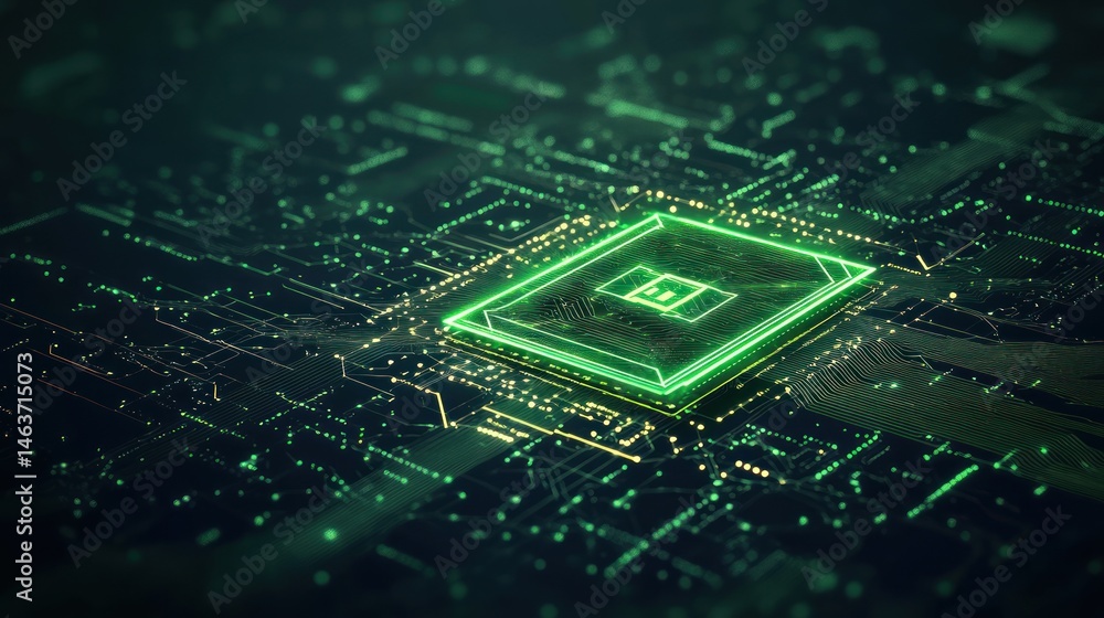 Poster glowing green circuit board with central processing unit