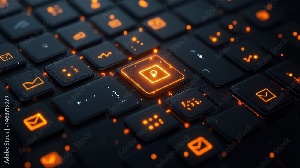 Poster illuminated security lock key on dark keyboard digital privacy concept
