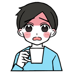 コップを持つ顔の赤い困り顔の男性のイラスト