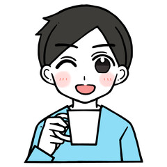 コップを持つウインクで笑う男性のイラスト