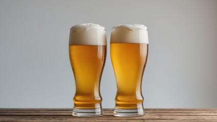 A pair of beer glasses resting on a wooden table with a simple background