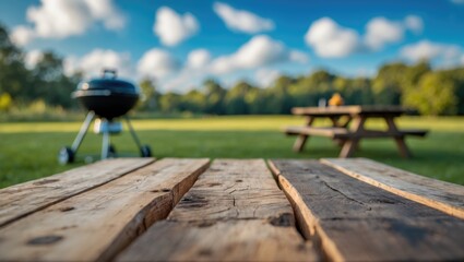 Rustic Wood Table with Grilled Food in a Bright Spring Garden Party Setting