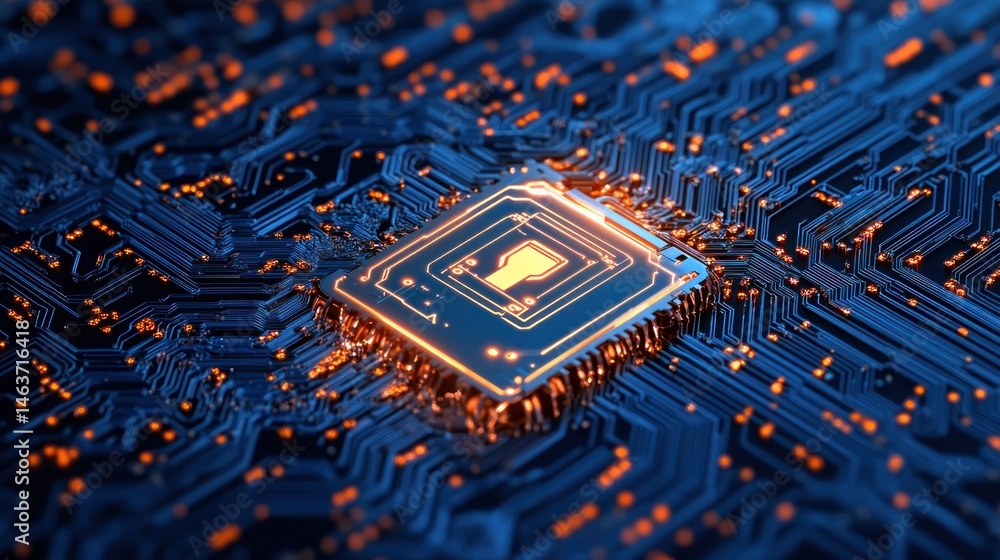 Poster glowing microprocessor chip on circuit board technology and innovation concept
