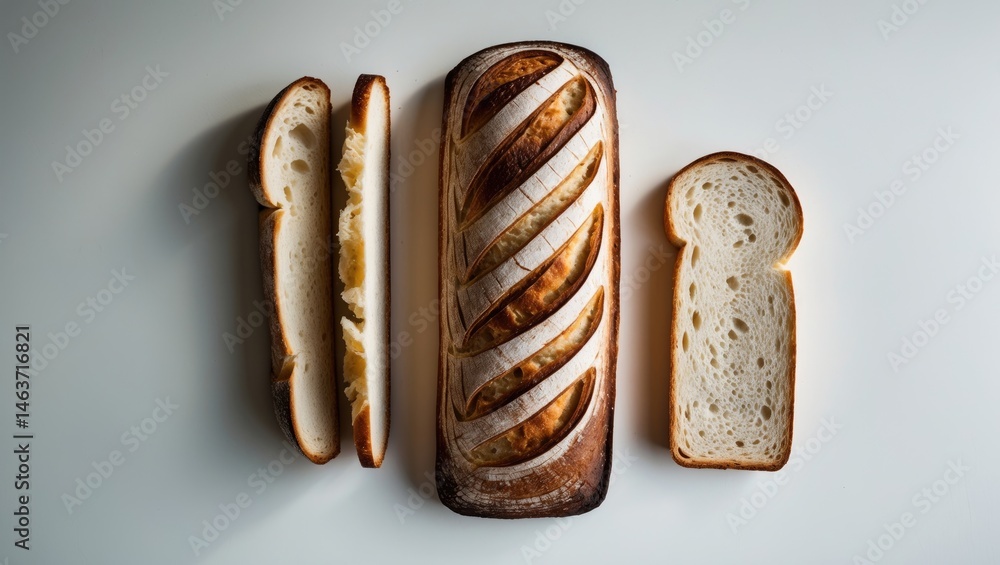 Poster close-up of a baked loaf of bread with slices, isolated on white, showcasing wheat and crust.