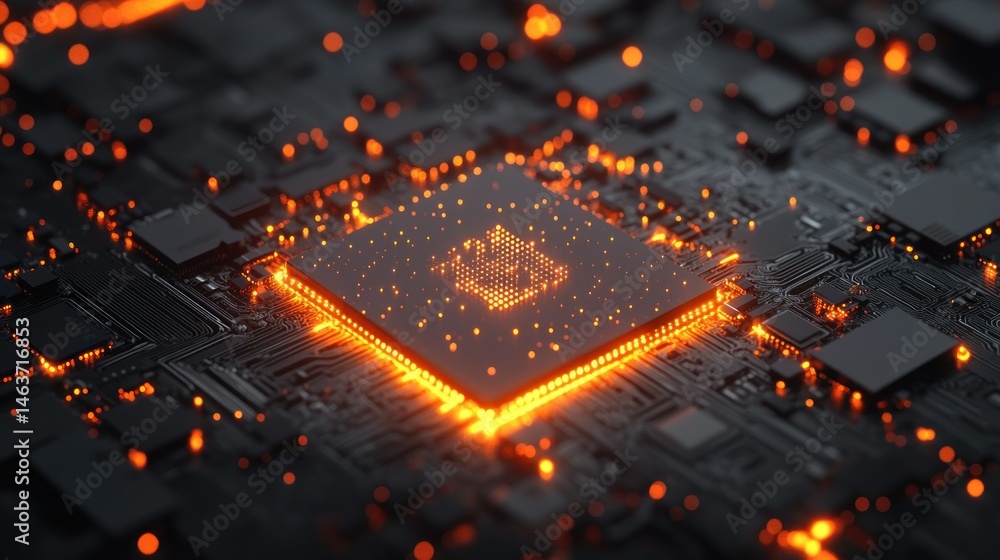 Poster close up of illuminated microchip with glowing electrical connections