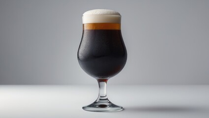 Macro image of a black ale in a frosted glass with foam isolated on a background