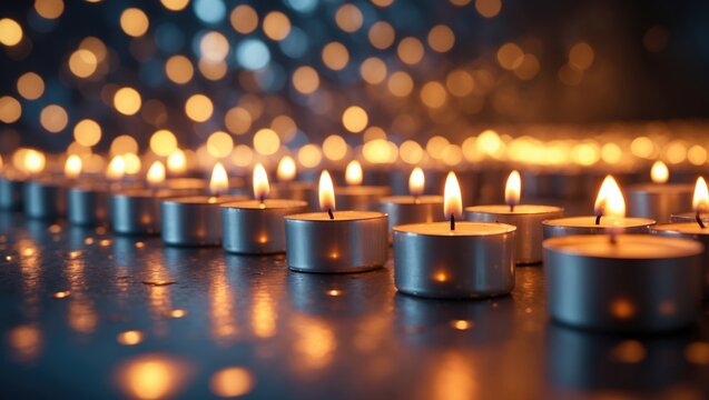 Candles burning with fire on a reflective background in a panoramic banner with bokeh effect - Powered by Adobe