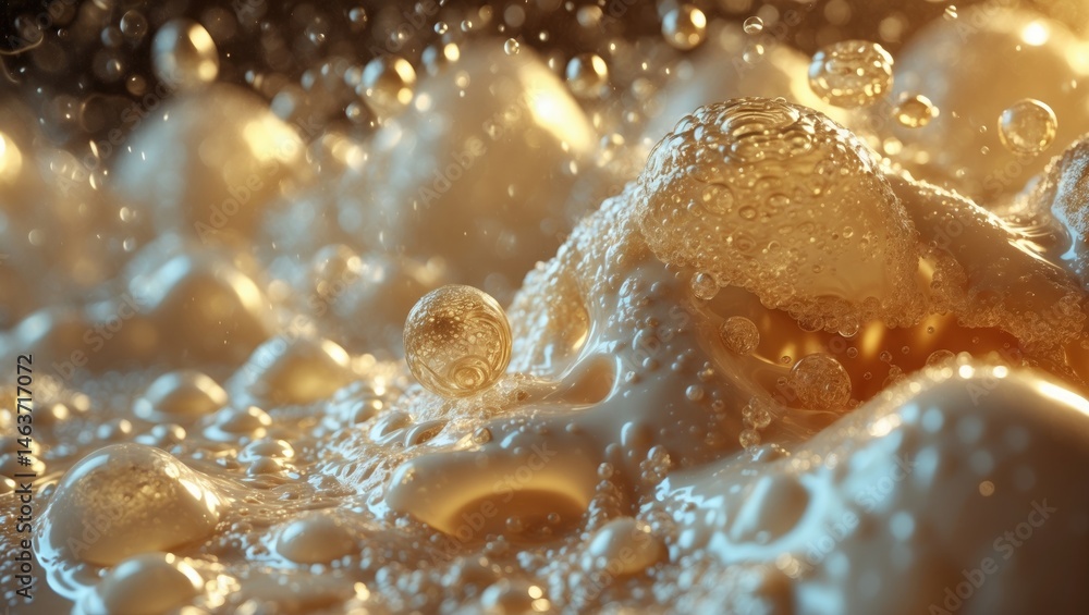 Poster detailed view of bubbly drink texture with foam and liquid pattern